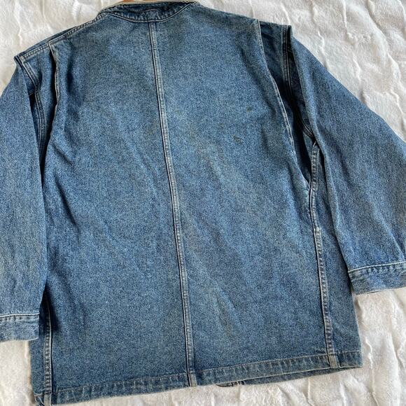 š„VTG Australian Outback Denim Jacket Barn Chores Cargo Pockets Leather Trim XL - Picture 7 of 16